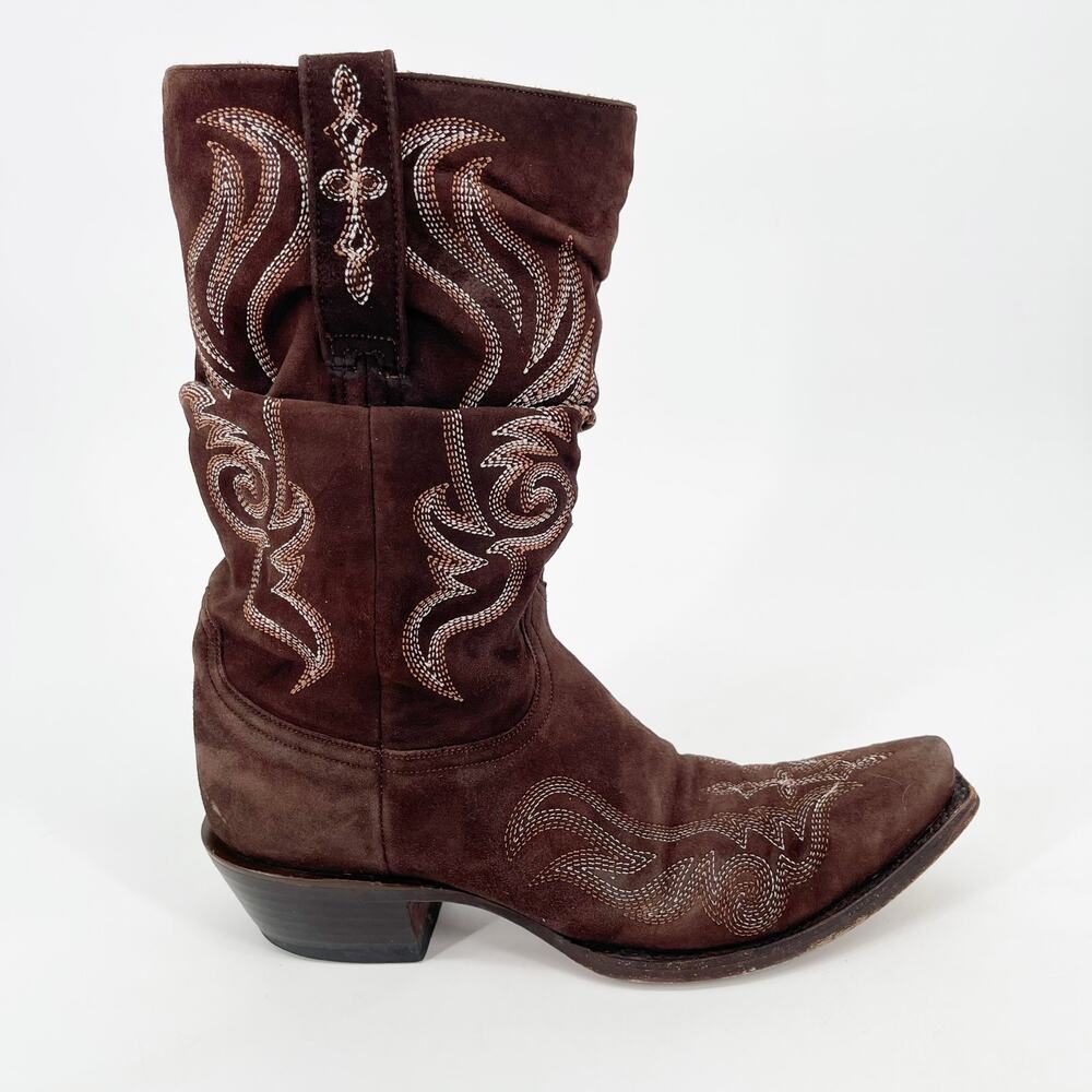Lucchese Women’s 7 Chocolate Brown Suede Embroidered Slouch Cowgirl Boots - Picture 2 of 11